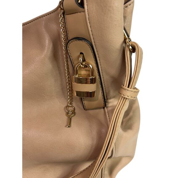 Tan Vegan Leather Shoulder Bag Detachable Crossbody Strap Goldtone Hardware - Picture 4 of 7